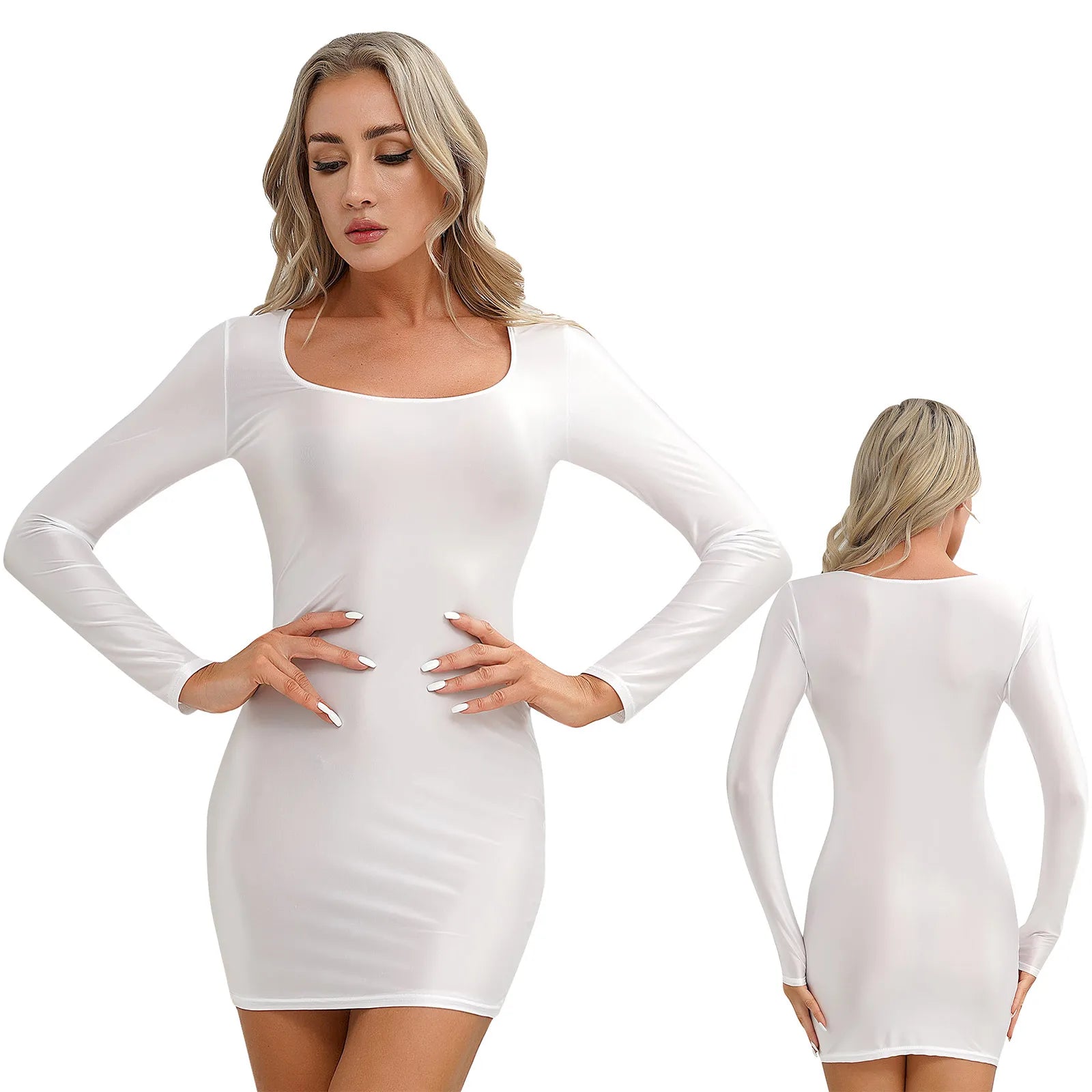 Women's  Solid Color Smooth Stretchy Mock Neck Tight Party Dresses Female Dresses Glossy Long Sleeve Bodycon Dress Nightwear