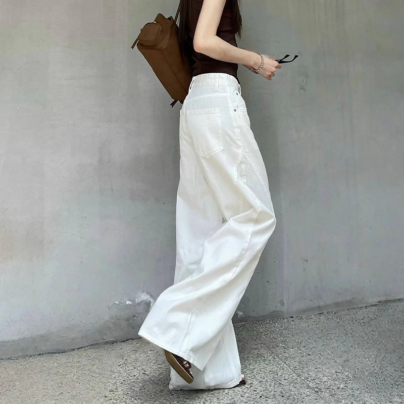 KSTUN 2025 Summer New Women's White Jeans Low Waist Wide Leg Jeans Denim Pants Losoe Fitness Girls Casual Dragging Pants Striped