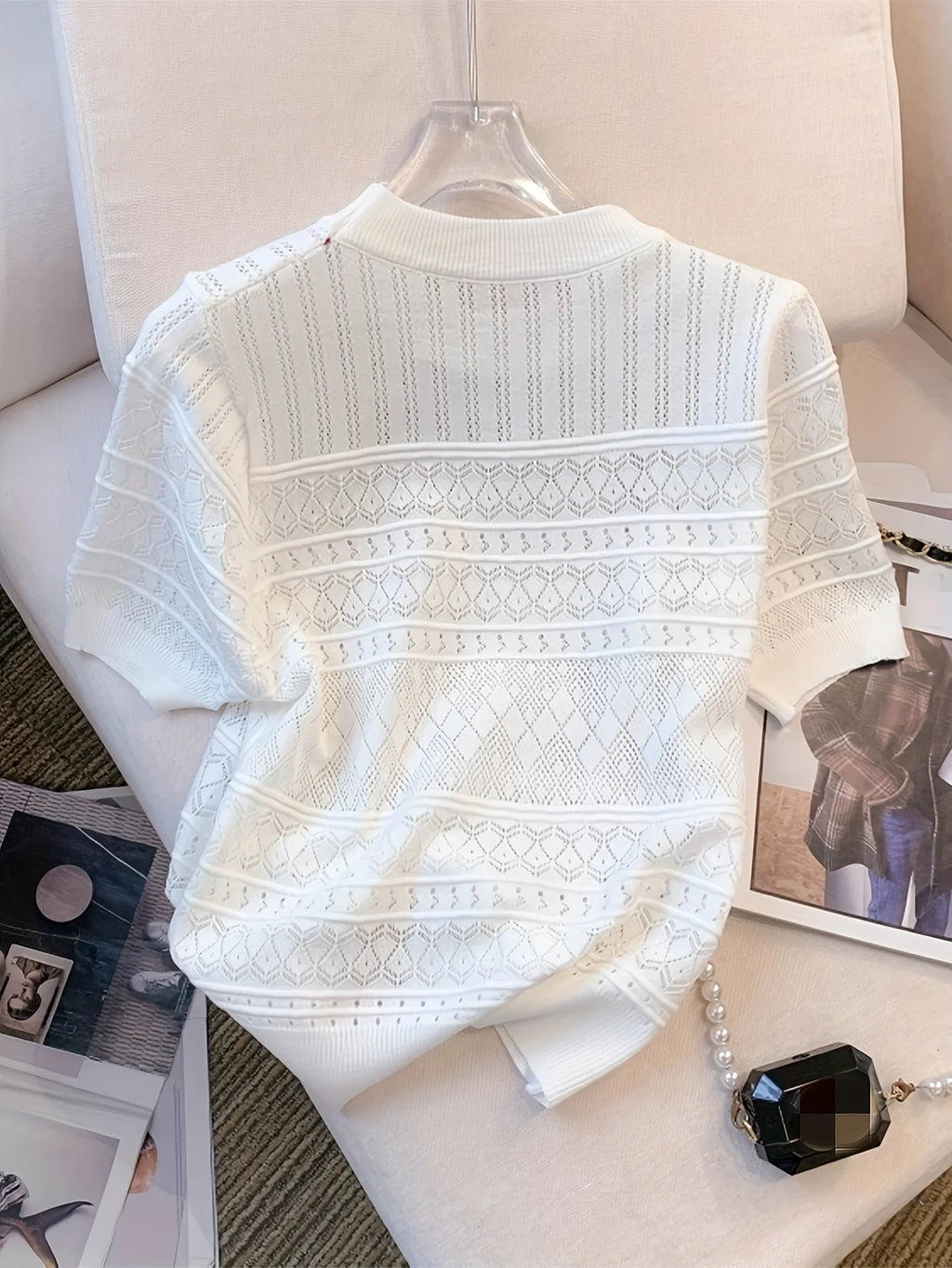 2026 New  Summer Thin Hollow Out Crew Neck Pullover Sweater Versatile Short Sleeve Knitted Top For Spring & Women's Clothing