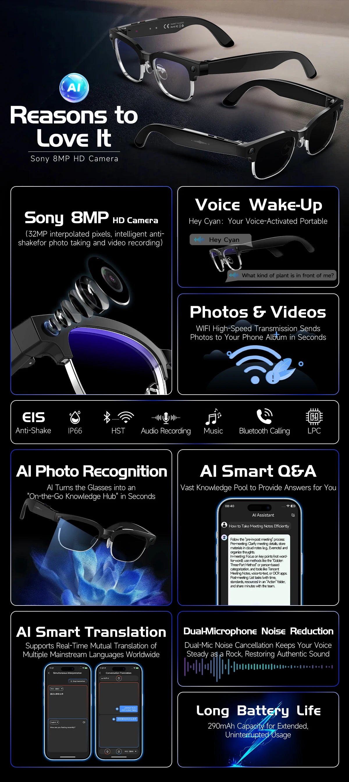 New Upgrade 800W Pixel Smart Glasses With Camera Video Recording AI Photo Recognition Call Language Translation Voice Sunglasses