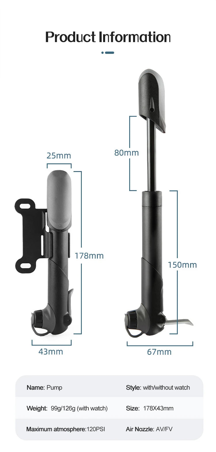Portable Bicycle Pump Mini Hand Pump Bike Tire Fill Inflator Air Injector with Pressure Gauge MTB Road Cycling Accessories Tools
