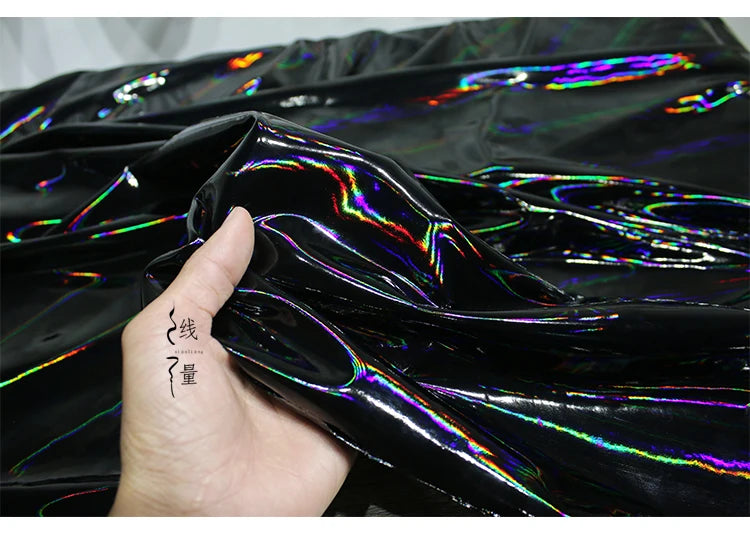 Black Iridescent Synthetic Leather Fabric Technology Oriented Micro Elastic TPU Fabrics Clothing Designer Cloth for Diy Sewing