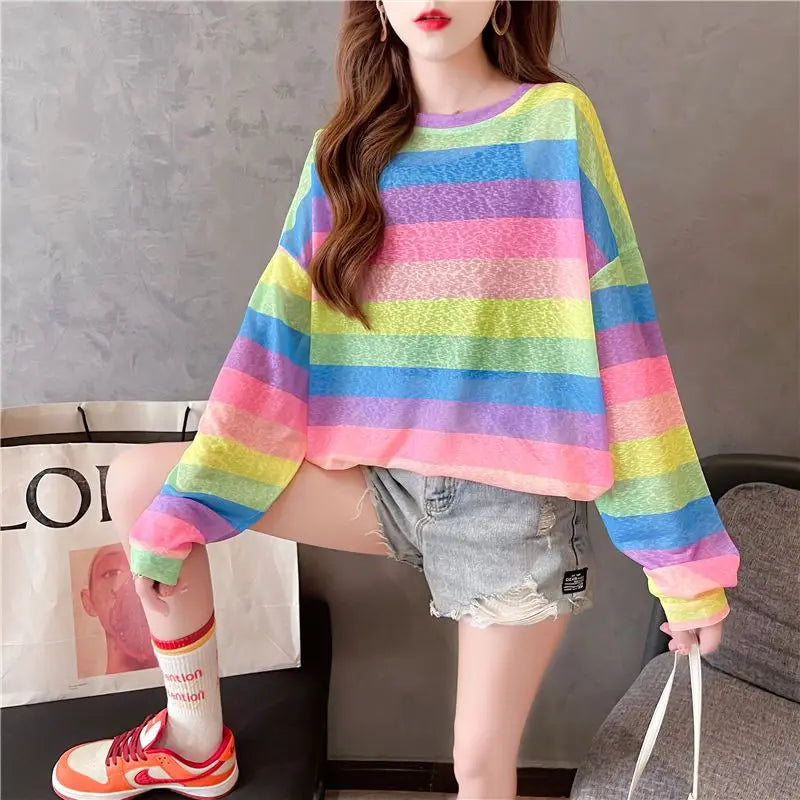 Rainbow Striped Long-sleeved Pullover Sunscreen for Women in Summer Light Top Oversize Mesh Versatile Air Conditioning Shirt