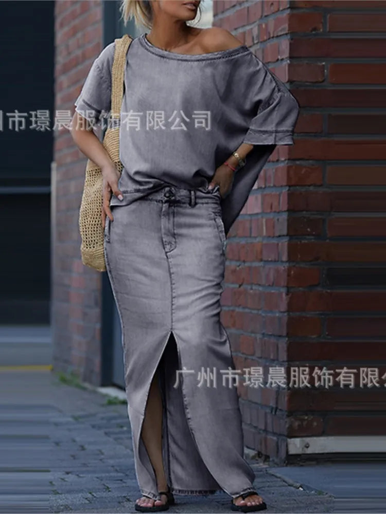 Denim Blue Fashion Split Skirt 2 Piece Set Casual Loose Off-the-shoulder Top + Slim Elegant Pencil Skirt Two-piece Set Women's