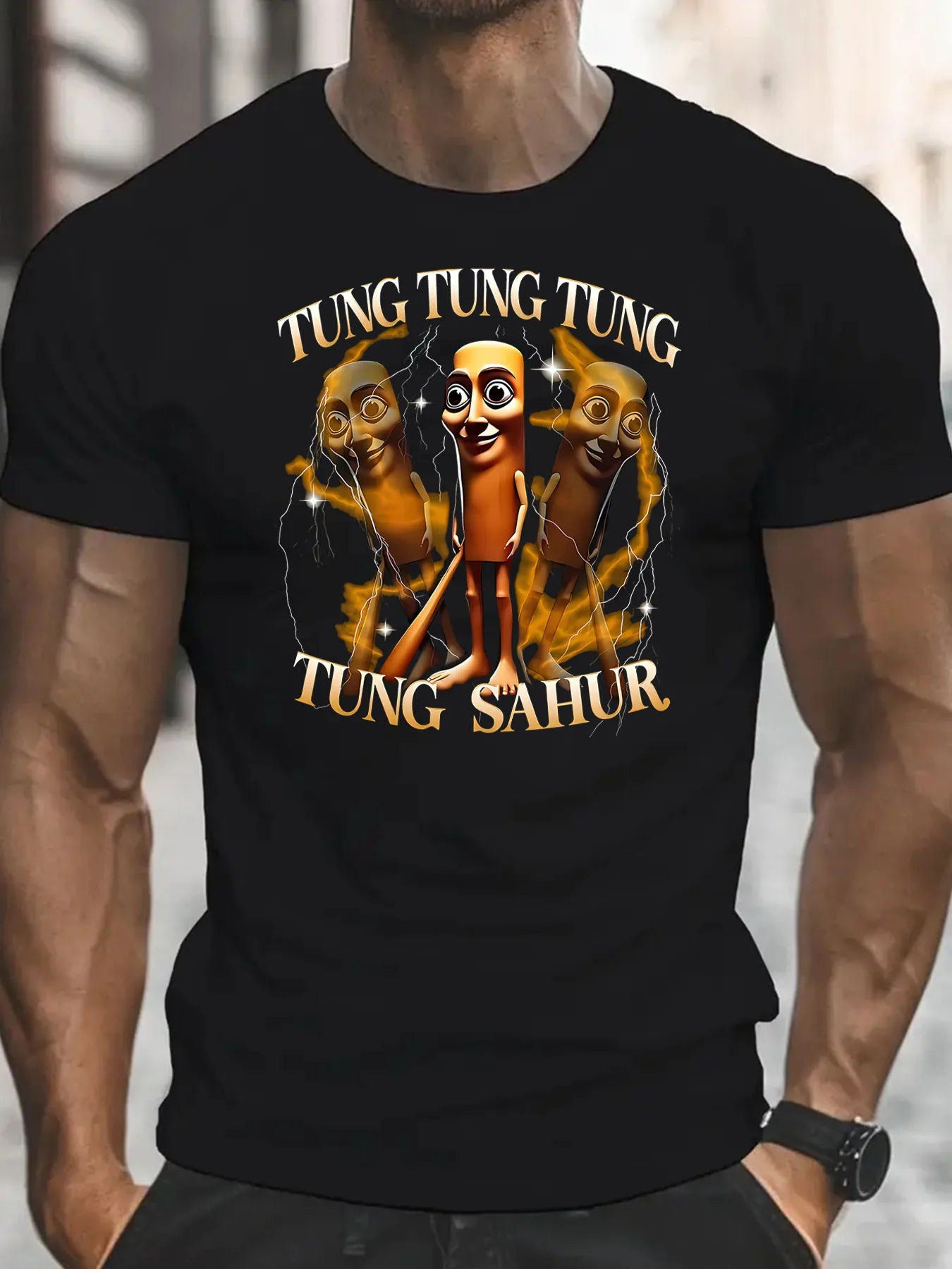 Tung Tung Tung Sahur Men's Funny Baseball Bat Italian Brainrot Graphic T-Shirt Retro Cartoon Print White Round Neck Short Sleeve