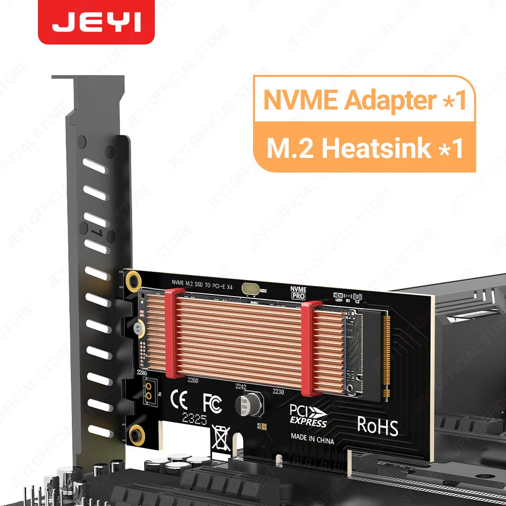 JEYI PCIe to NVMe Adapter With Aluminum SSD Heatsink Cooler, 64Gbps M.2 ssd PCIe 4.0 X4 X8 X16 Expansion Card for Desktop