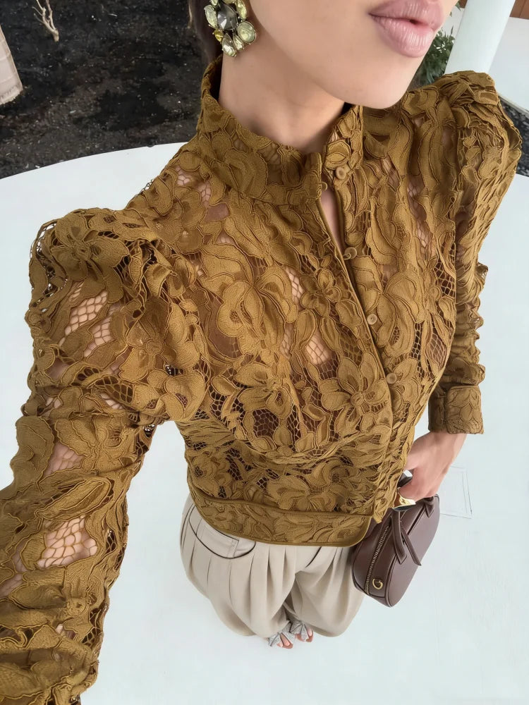 Ladies Elegant Hollow Out Lace Blouse 2026 Chic See Though Single Breasted Long Sleeve Shirts Spring New Female Blouse Shirts