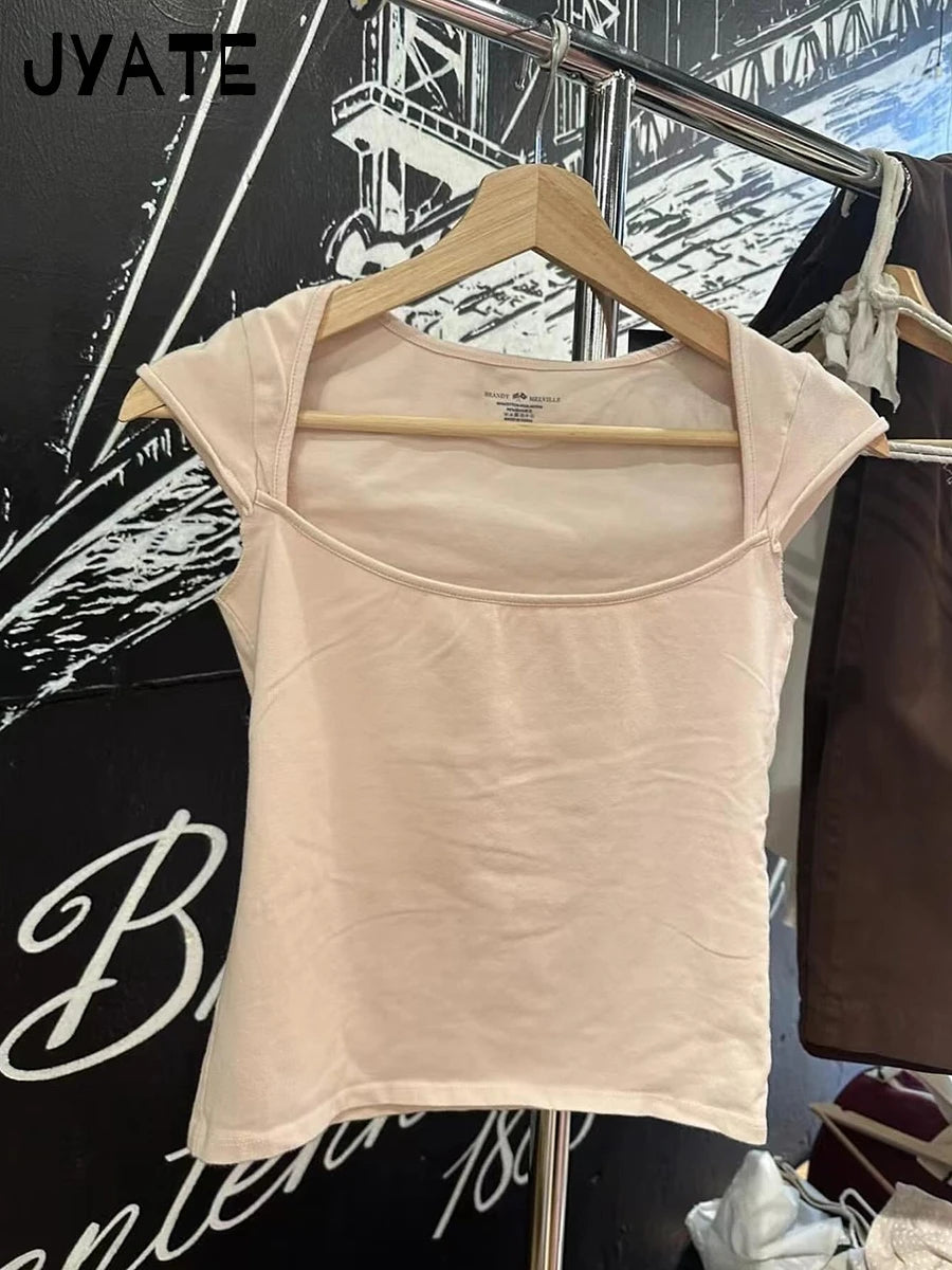 New Sweet Pink Cotton Crimping Short Sleeve Tees Women Summer Casual Simple Square Collar Crop Tops Vintage Basic Y2K T-shirts