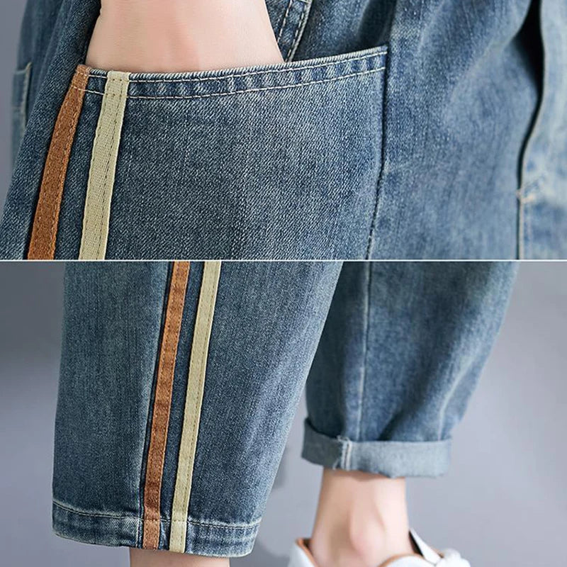 Light Blue Baggy Harem Jeans Mom Elegant Casual Elastic Waist 86-90cm Capris Denim Pants Korean Fashion Chic Cowboy Pantalones