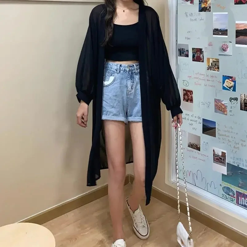 Long Shirts Women Summer Girls Sunscreen Clothing Seethrough Thin Loose Solid Simple Leisure All-match Korean Style Chiffon Tops