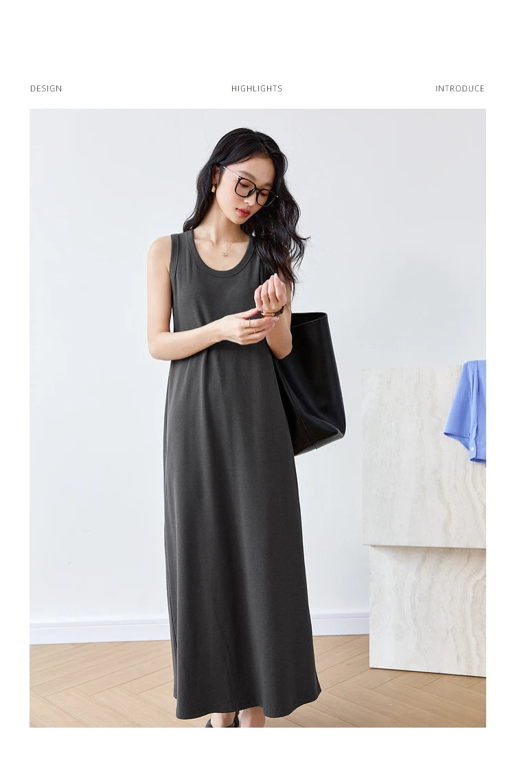 VIMLY Summer Tank Dresses 2026 Woman Simple Gray Cotton Blend Knitted Loose Sleeveless A Line Long Dress Women's Clothing M9852