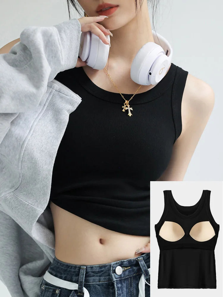 Women Thread Tank Tops With Built In Bra Padding Summer 2025 Trend Solid Outerwear Camisole Stretch Sleeveless White Tops Women