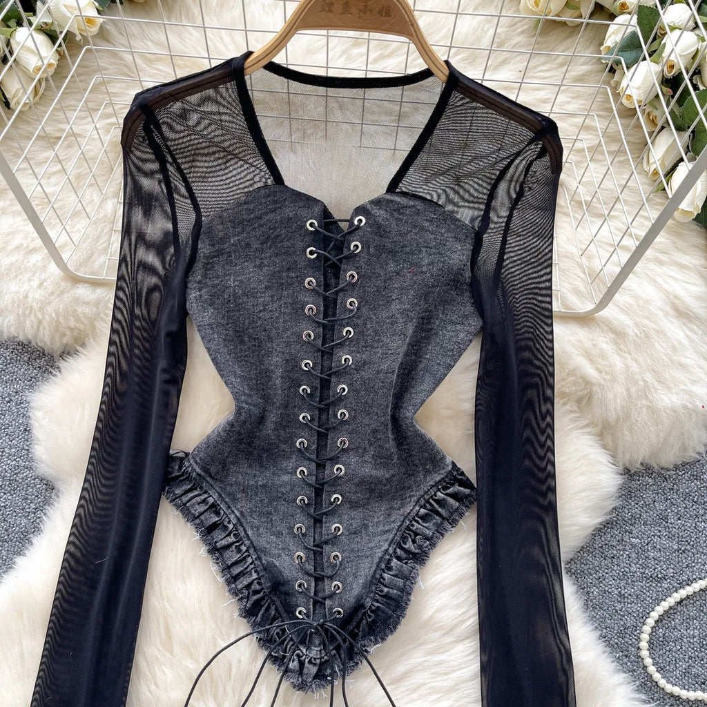 2025 New American Retro Patchwork Sexy Blouse Women Squre Neck Long Sleeves Sheer Top Streetwear Ins Lace Up Denim Shirt