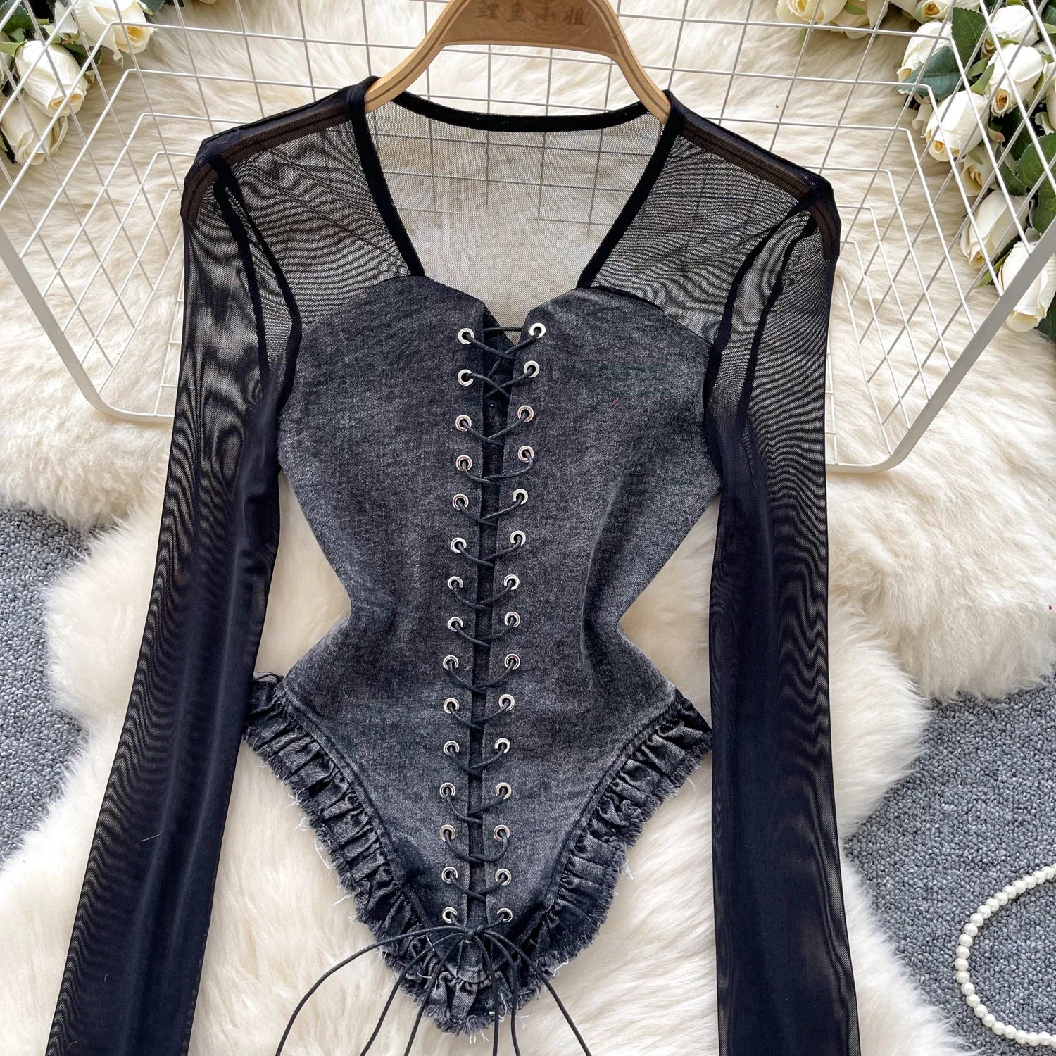 2025 New American Retro Patchwork Sexy Blouse Women Squre Neck Long Sleeves Sheer Top Streetwear Ins Lace Up Denim Shirt