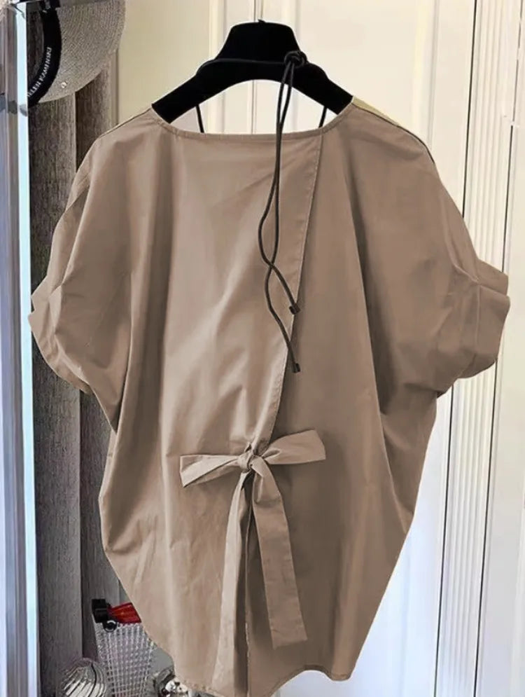 Woherb Cotton Asymmetrical Crop Blouse Women Korean Pleated Bow Bandage Shirt Casual O-neck Solid Elegant Blusas Mujer Moda 2026