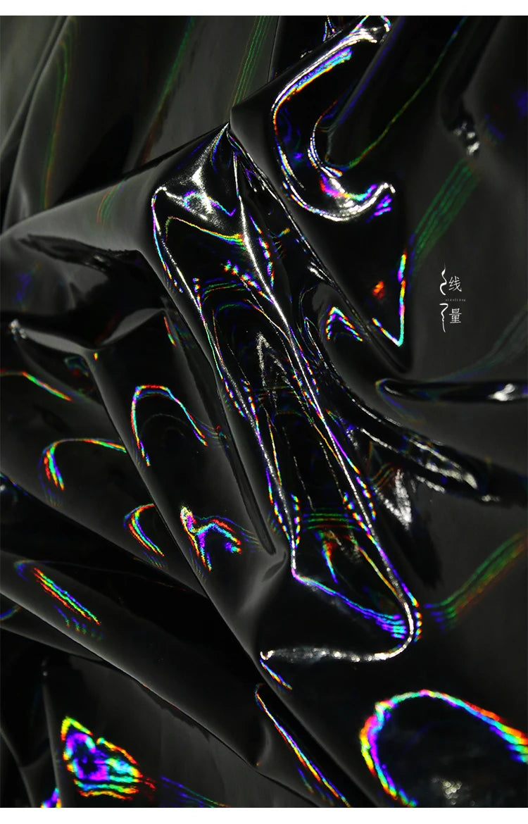 Black Iridescent Synthetic Leather Fabric Technology Oriented Micro Elastic TPU Fabrics Clothing Designer Cloth for Diy Sewing
