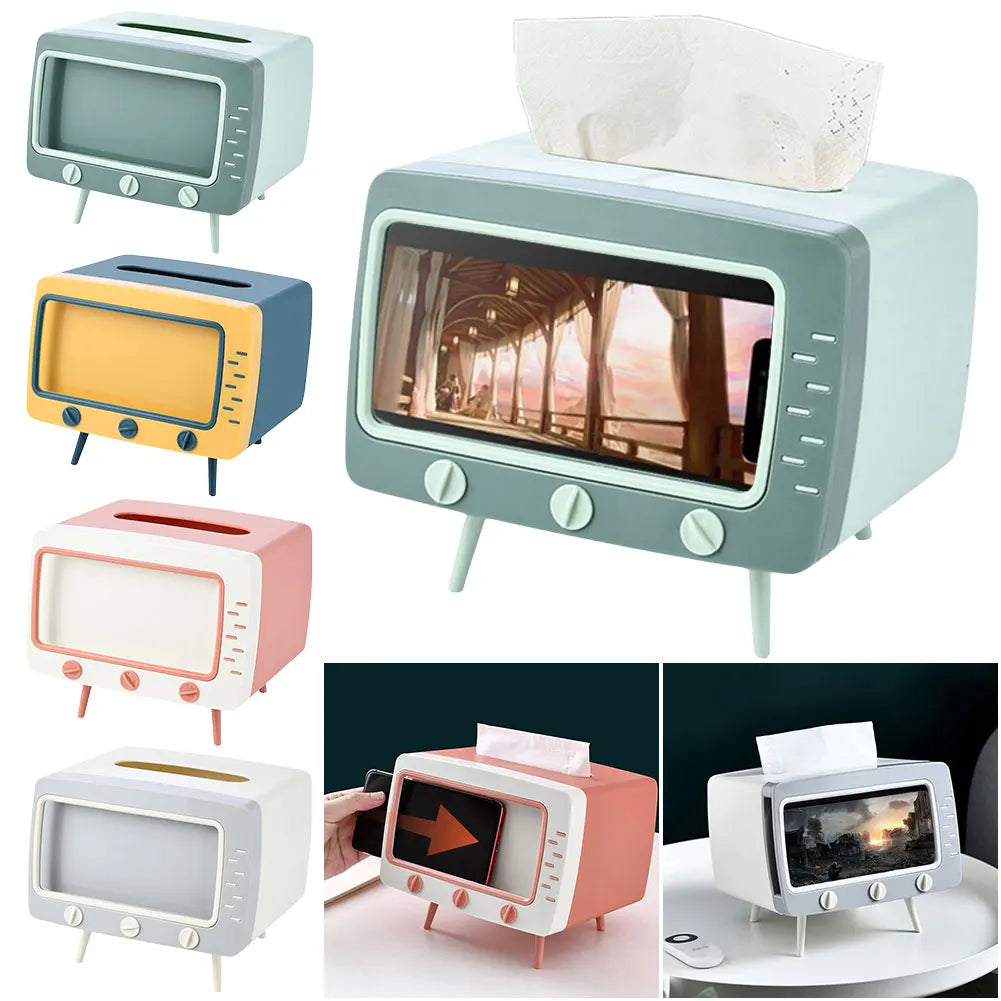 Creative Cartoon TV Shape Tissue Box Mobile Phone Holder Stand Home Living Room Office Toilet Tissue Box Kawaii Desktop Decor