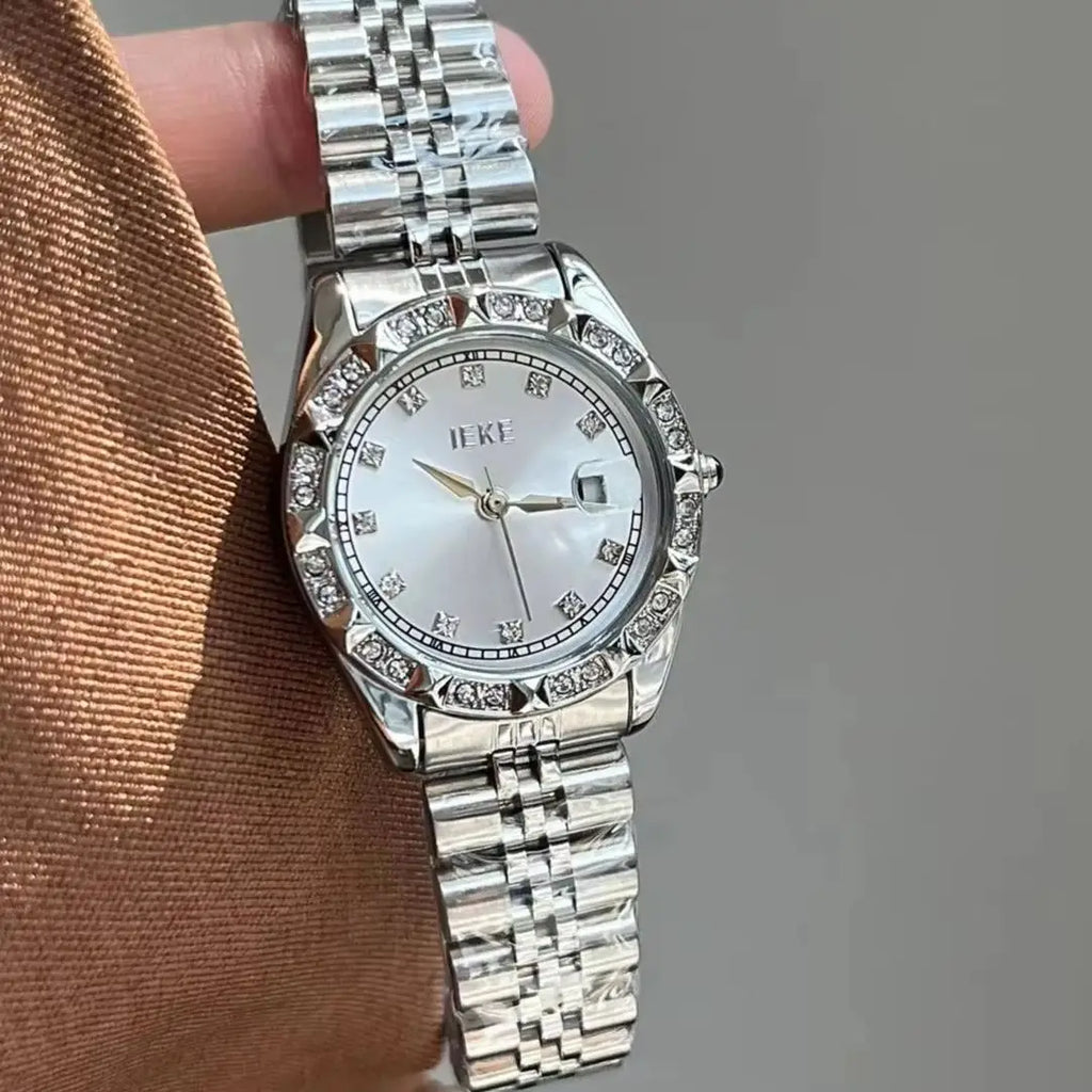 Women's Crystal Accented with Solid Alloy Steel Band Watch Elegant Dress Quartz Calendar Watches for Women