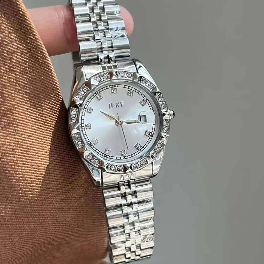 Women's Crystal Accented with Solid Alloy Steel Band Watch Elegant Dress Quartz Calendar Watches for Women
