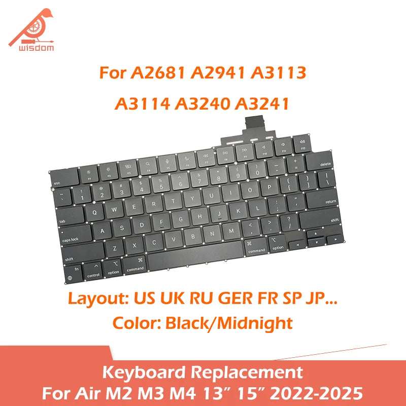 Laptop A2681 A2941 A3113 A3114 A3240 A3241 Keyboard For Macbook Air M2 M3 M4 13" 15" Keyboards Replacement 2022-2025