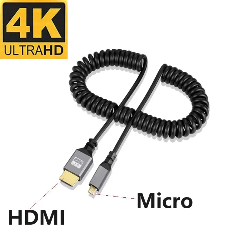 0.5-2.4M 4K Micro HDMI Cable 4K 60HZ Micro HDMI-Compatible TO HDMI Coiled Extension Flexible Spiral Cable  For PC Monitor TV