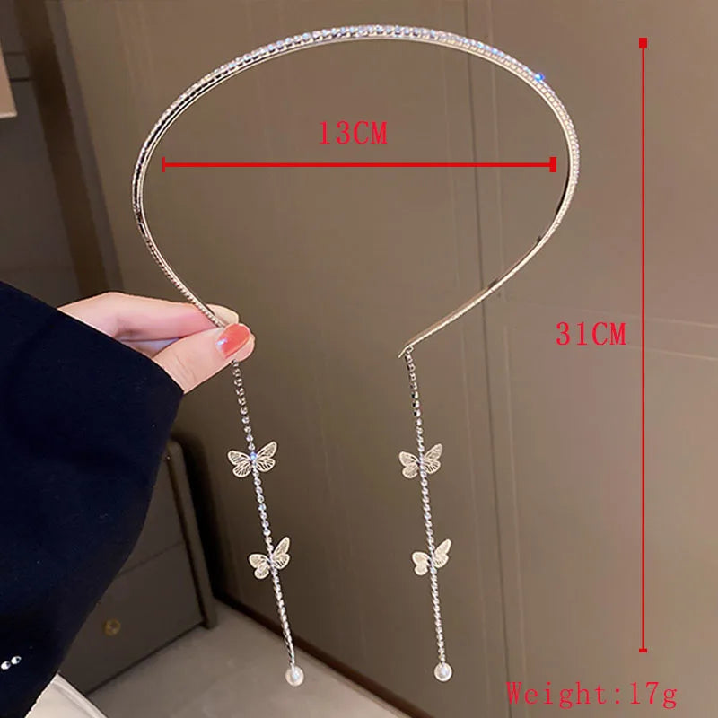 DREJEW Butterfly Hairbands for Women Rhinestone Crystal Long Tassel Chain Headband Simulated Pearl Headwear Hair Accessories
