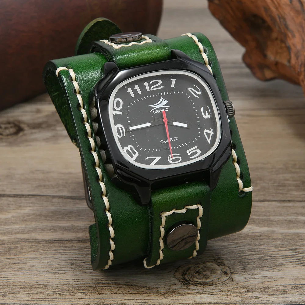Men's Vintage Wide Cowhide Leather Hand-Stitched Quartz Watch - Retro Wrist Accessory