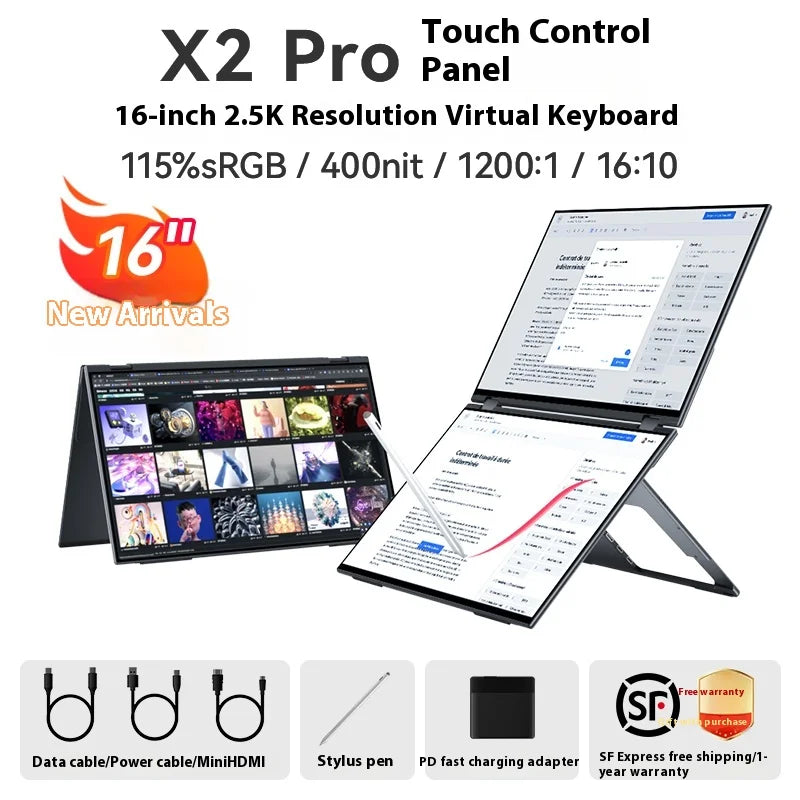 EHOMEWEI Dual Screen Portable Monitor X2 Pro Drive-free Phone-touch 2K 16” For Laptop Win Macbook