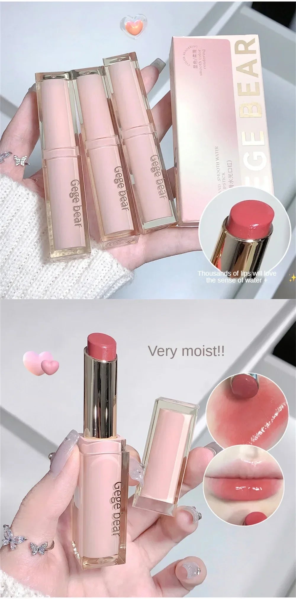 6 Colors Silky Glossy Lipstick Gege Bear Pump Lips Moisture Water  Comfortable Ultra Sheen Non-Stick Cup Lip Balm