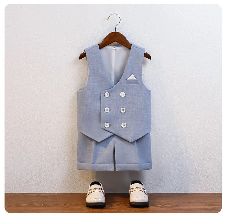 JUCPKID Kids Boys Summer Vest Shorts Suit Formal Elegant Children Boys Wedding Suit Junior Boys Blue Gray Short-sleeved Vest Set