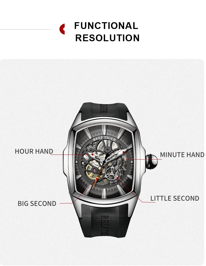 Reef Tiger Men's 316L Stainless Steel Skeleton Automatic Watch Wine Barrel Hollow Waterproof Mechanical Sport Watches RGA3069-S