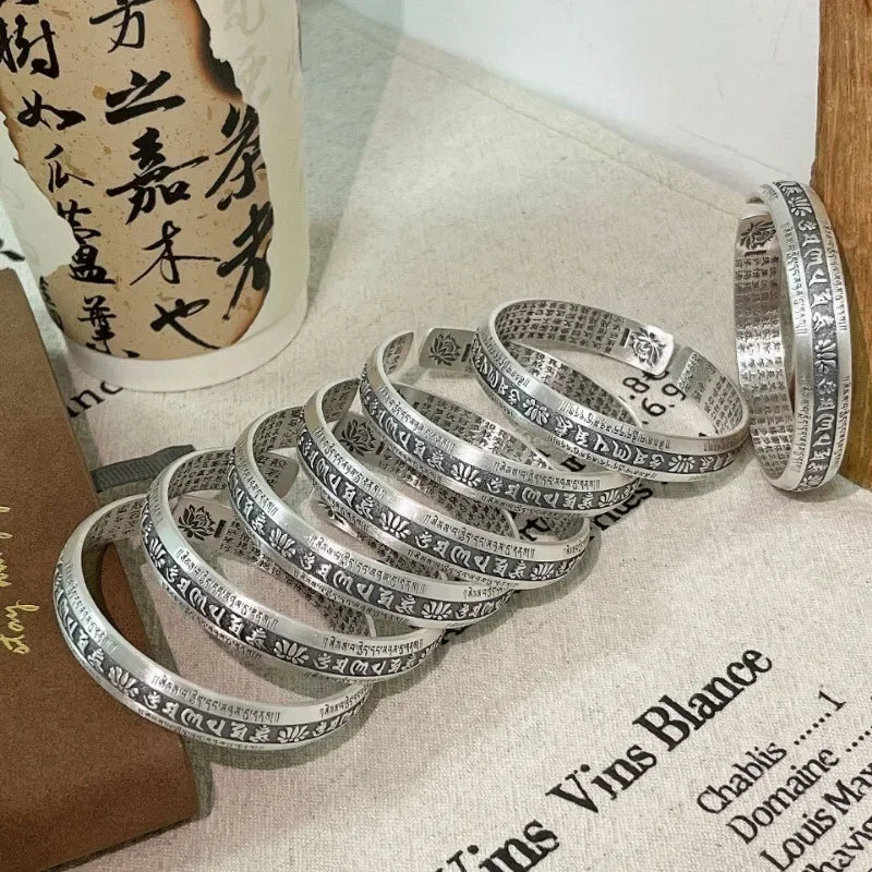 925 Silver Carved Prajnaparamita Heart Sutra Lotus Flower Bracelet Six Character True Words Wide Vintage Bangles Jewelry