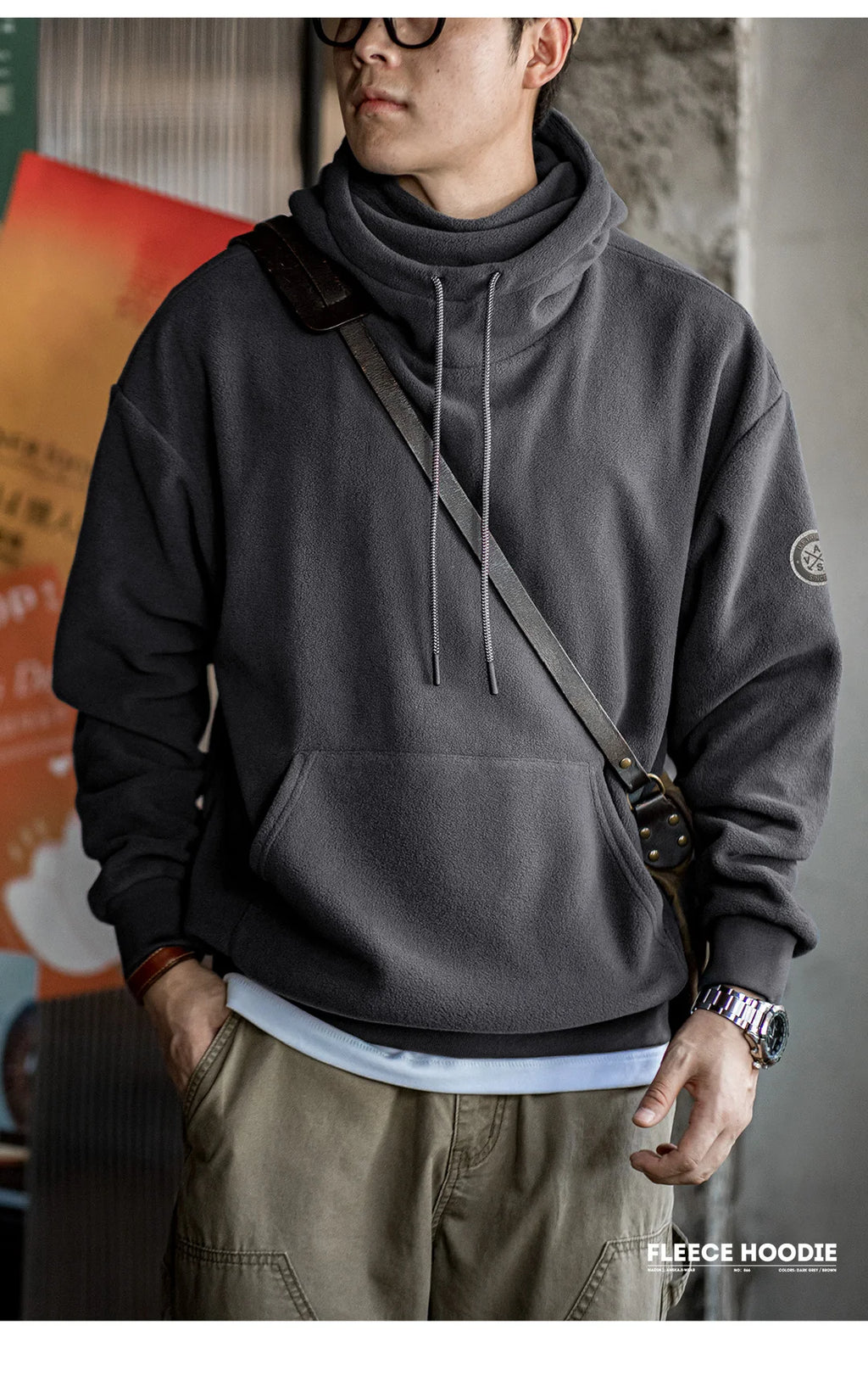 Maden Casual Polar Fleece Hooded Sweatshirt Solid Color Windproof Pullover with Face Mask Warm Tops for Men's Fall and Winter