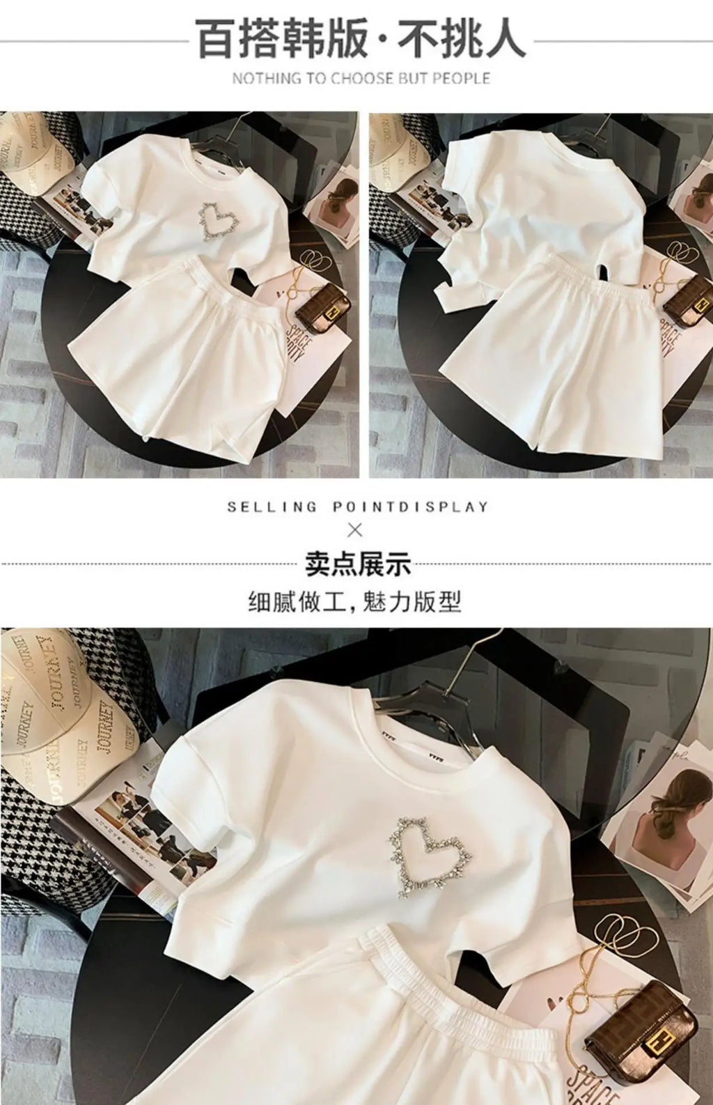 Ladies Summer Women Sexy Short Sleeve Tops T Shirt Shirts Elegant Love Beads Party Casual Shorts Pockets 2 Pieces Sets Suits