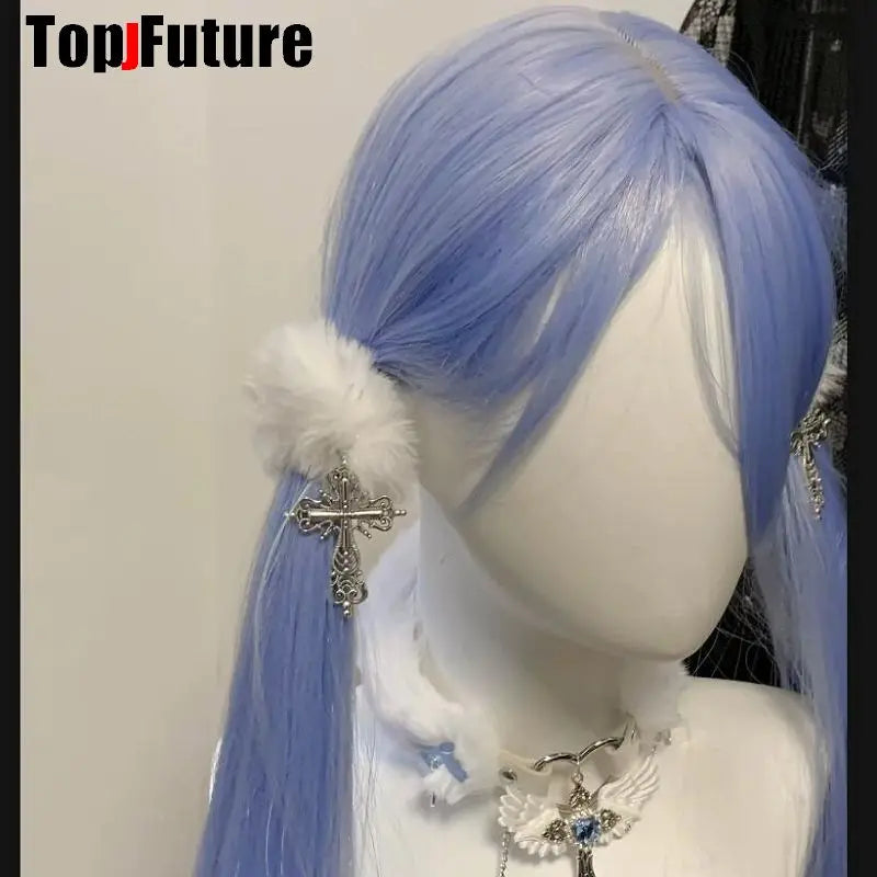 Girl Vintage  y2k Girl  gothic lolita cosplay Harajuku Punk Angel wing cross furry hair loop hair rope elastic hair bands