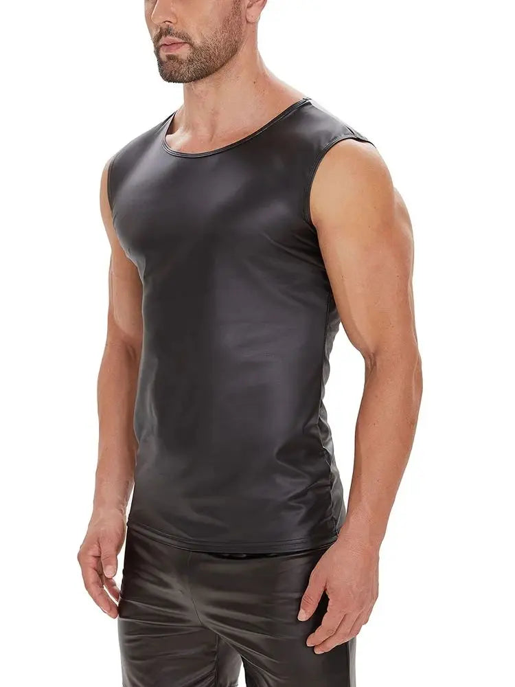 S-5XL Sleeveless Matt Faux PU Leather Tank Top Men Fitness Gym Muscle Shirt Tight Bodybuilding Tanktop Hot Body Shaper Shapewear