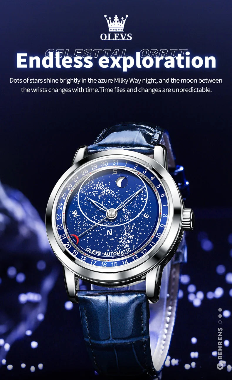 OLEVS 9923 Mens Watch Luxury Original Automatic Mechanical Watch Leather Strap Waterproof Luminous Starry Dial Watch For Men