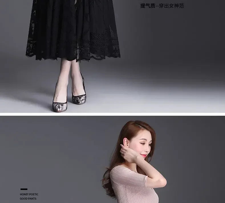 Lace Skirt for Women New Style Popular Versatile A-line Midi Skirt for Large Mesh Hollow Fairy Pleated Skirt