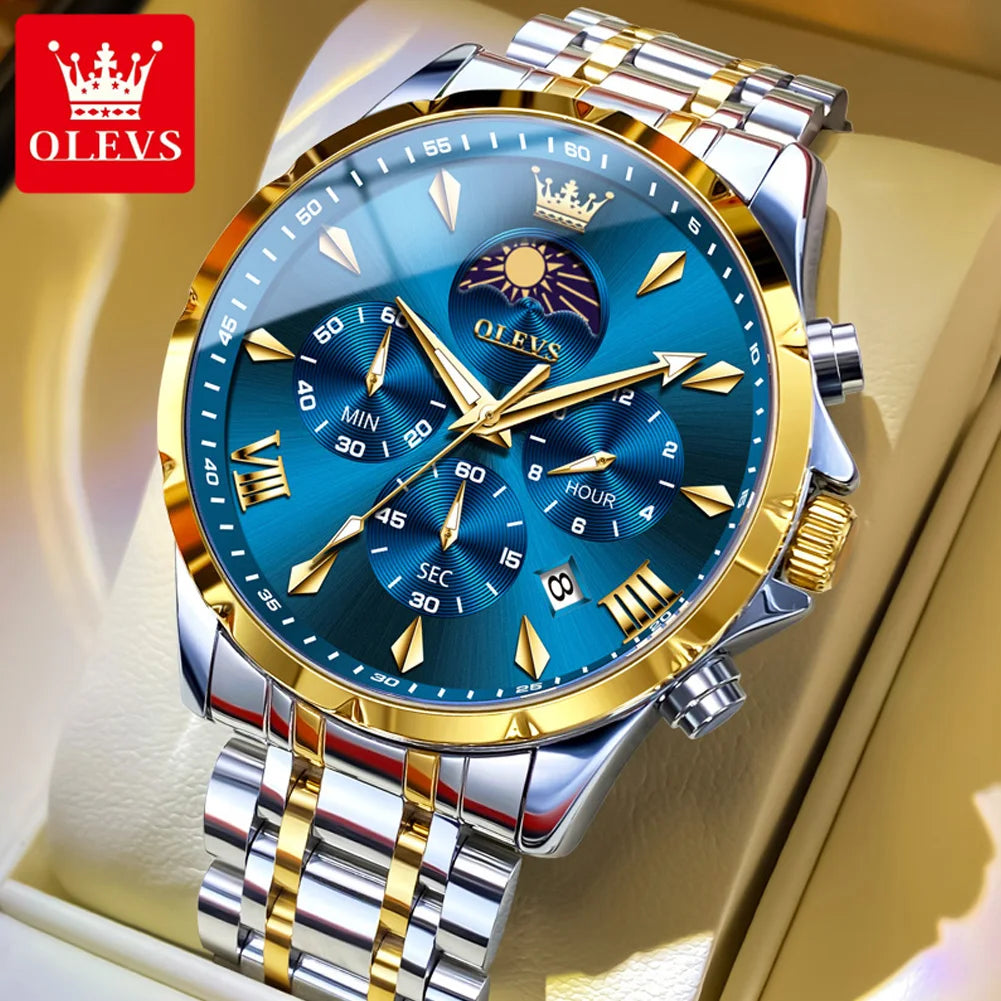 OLEVS 3653 Luminous Chronograph Stainless Steel Quartz Watch for Men Waterproof Sports Calendar Date Wristwatches Reloj Hombre