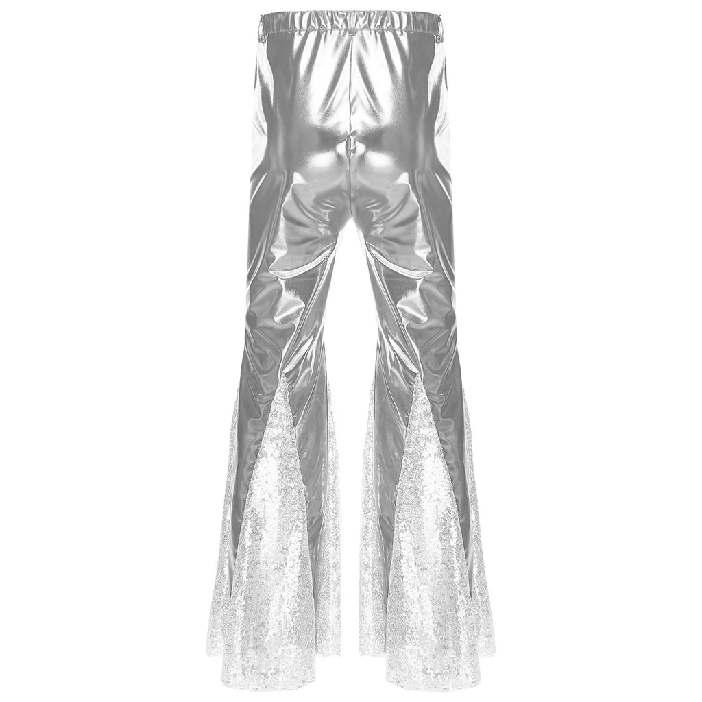Mens Shiny Metallic 70s Disco Pants Hippie Vintage Costume Dance Party Sequins Bell Bottoms Stage Performance Flared Pants