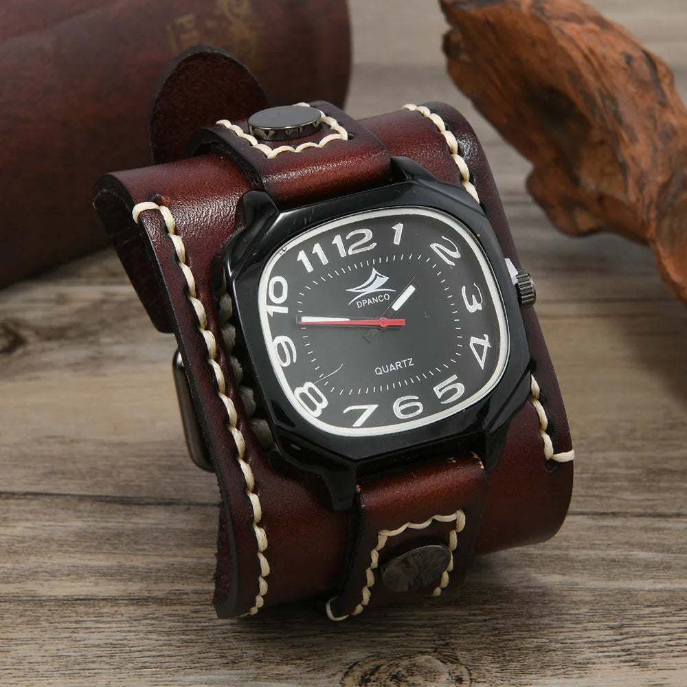 Men's Vintage Wide Cowhide Leather Hand-Stitched Quartz Watch - Retro Wrist Accessory