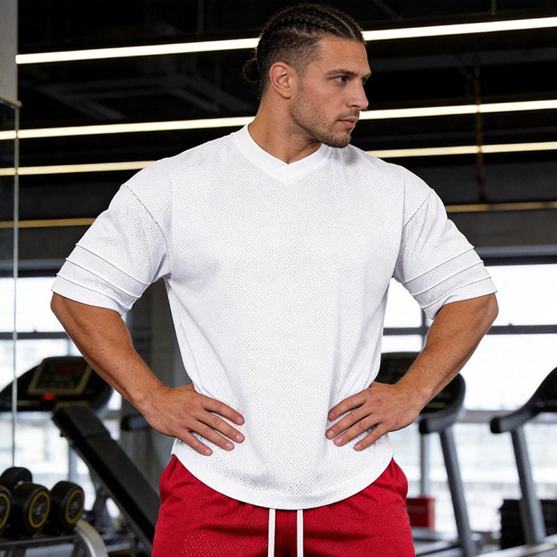 Oversized  Dropped Shoulders Half Sleeve T-shirts Mens Summer Big Mesh Quick Dry Sports Clothing Gym Fitness Workout T Shirts