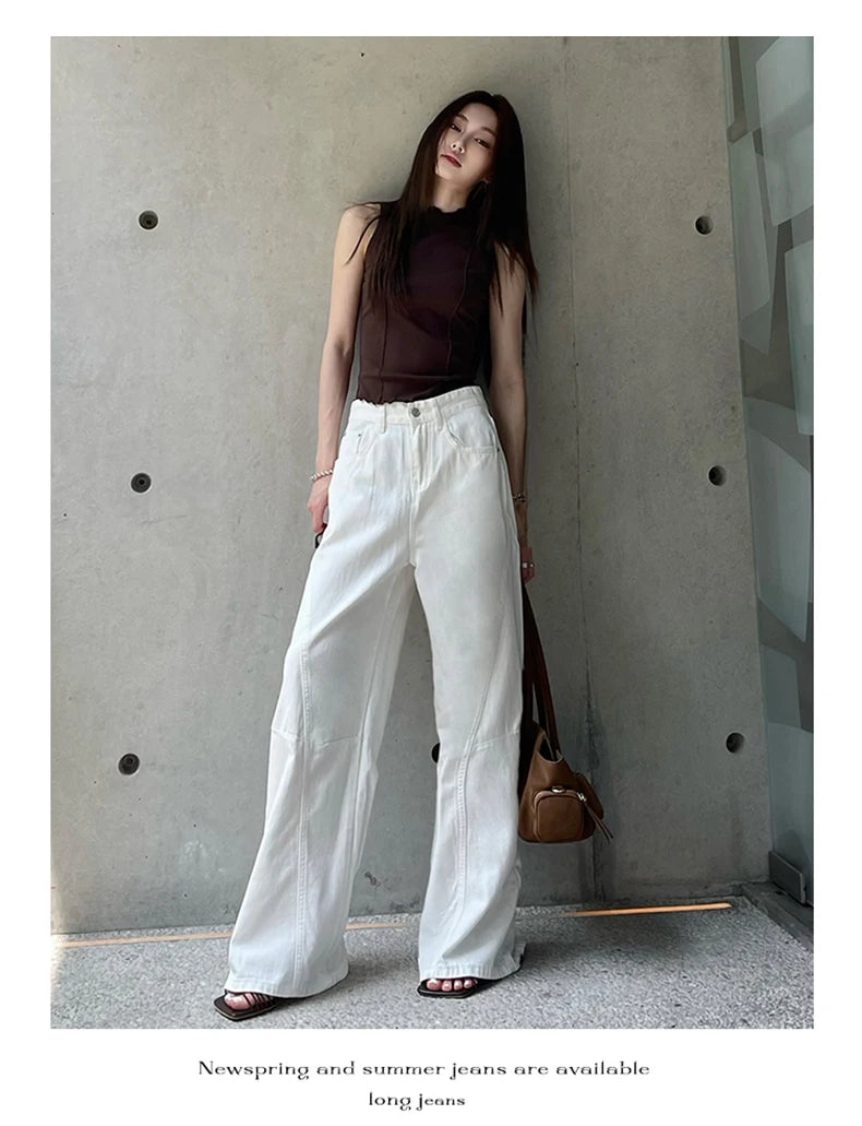 KSTUN 2025 Summer New Women's White Jeans Low Waist Wide Leg Jeans Denim Pants Losoe Fitness Girls Casual Dragging Pants Striped