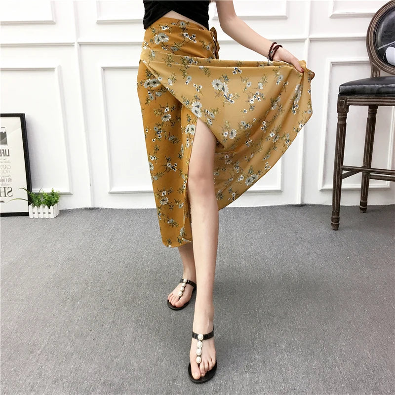 Vacation Style Wrap Skirt Beachside Long Skirt Women's High Waist A-Line Midi Skirt Floral Print One-Piece Summer Spring
