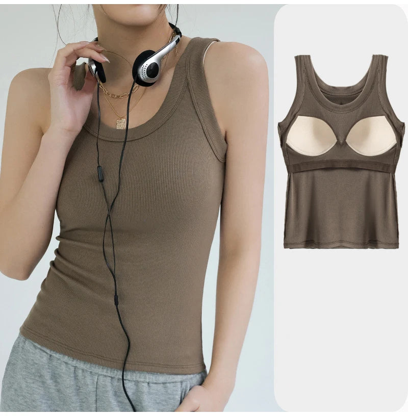 Women Thread Tank Tops With Built In Bra Padding Summer 2025 Trend Solid Outerwear Camisole Stretch Sleeveless White Tops Women