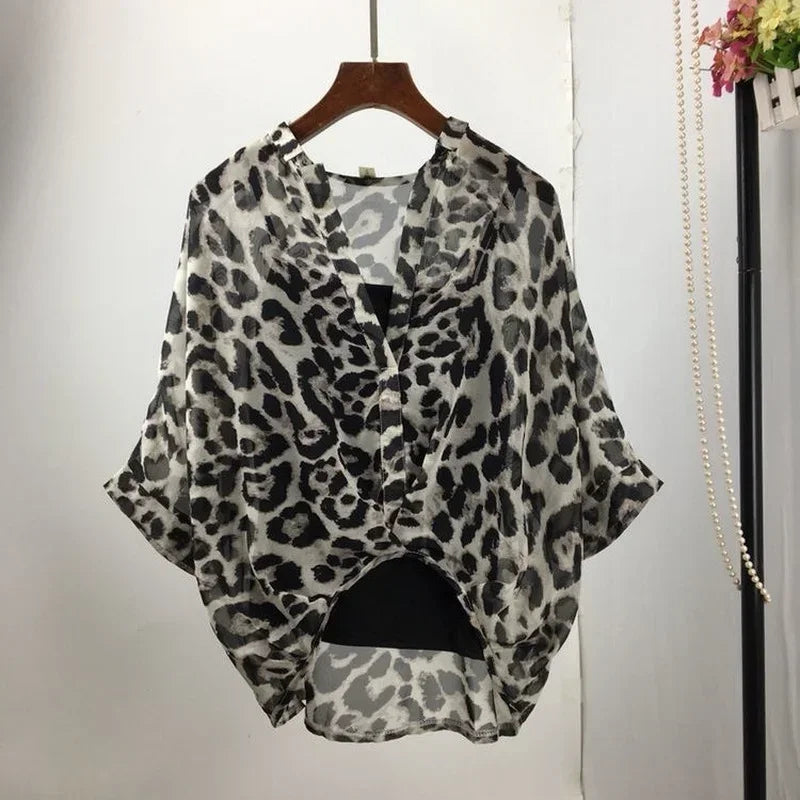 Summer Two Piece Set Chiffon Blouse Half Sleeve Loose V-Neck Women Shirts Elegant Casual Tops