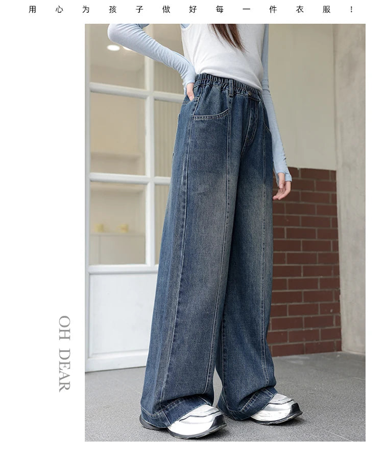 Teenager Girl Blue Jeans Fashion Retro Straight Leg Children Trousers Youth Lady Baggy Vintage Wash Casual Denim Pants Age 8-16Y