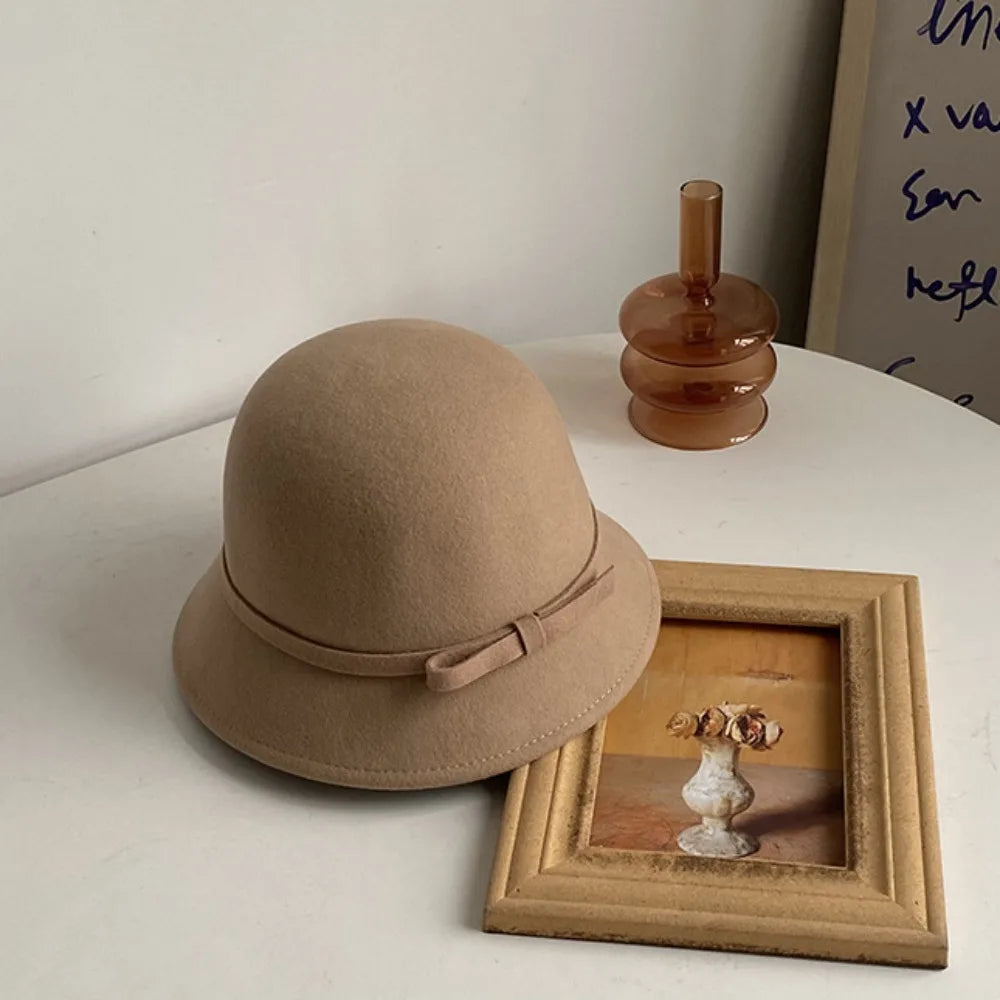 Fashion Hepburnesque Felt Formal Hat Panama Cap British Style Bowknot Bucket Hat Wealthy Heiress Style Autumn