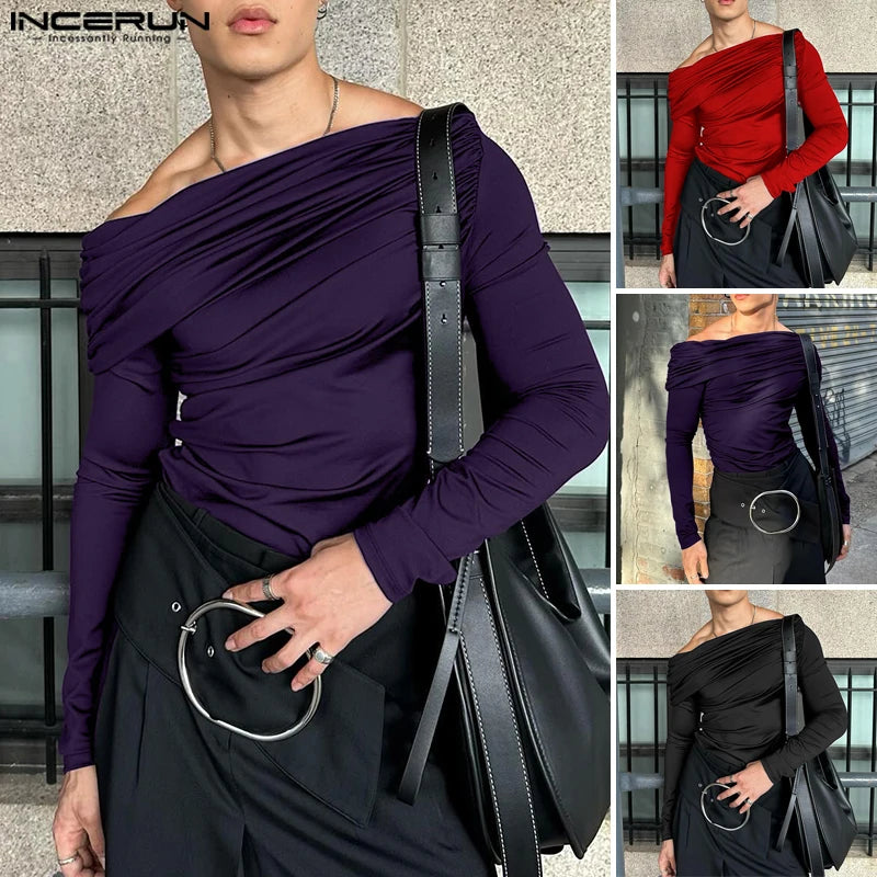 Sexy Fashion Style Tops INCERUN Men's Solid One-shoulder T-shirt Casual Clubwear Male Hot Sale Long Sleeved Camiseta S-5XL 2024