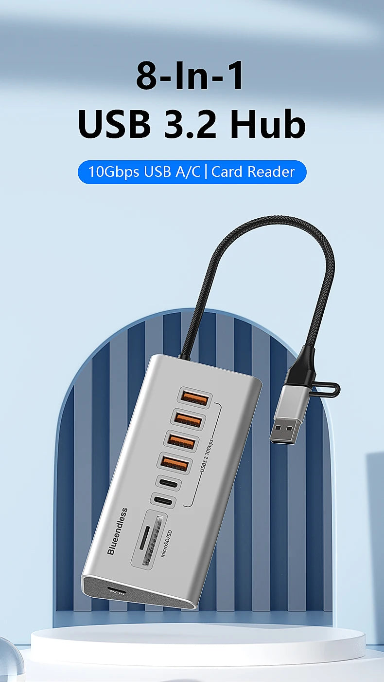 9 in 2 USB C Hub To USB 3.2 Aluminum Docking Station 10Gbps Type C 3.2 Splitter with SD/TF Card Reader for PC Laptop Tablet